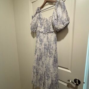 Elena Midi Dress with Puff Sleeves - Blue Floral